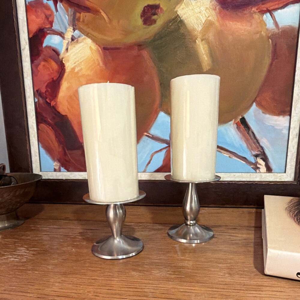 Set of 2 Silver Metal Pillar Candle Holders Round white Crate & Barrel modern